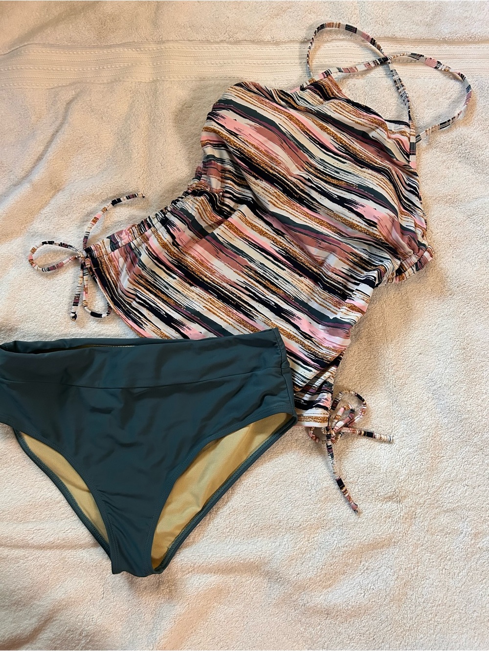 Pink Clove Pink Multi-Stripe Tankini with Dark Green Bikini Bottoms